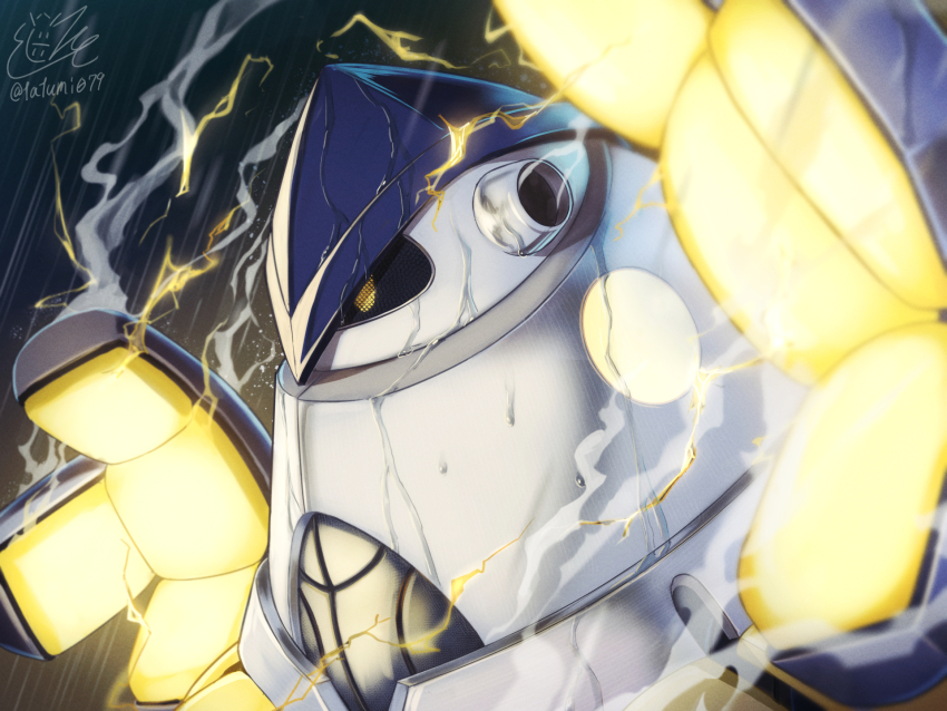 artist_name black_sclera colored_sclera electricity from_side glowing hands_up highres iron_hands_(pokemon) nintendo outstretched_arms pixel_eyes pokemon pokemon_(creature) rayman_limbs robot signature spread_arms steam tatsumi_(panneko) twitter_username upper_body water wet yellow_eyes
