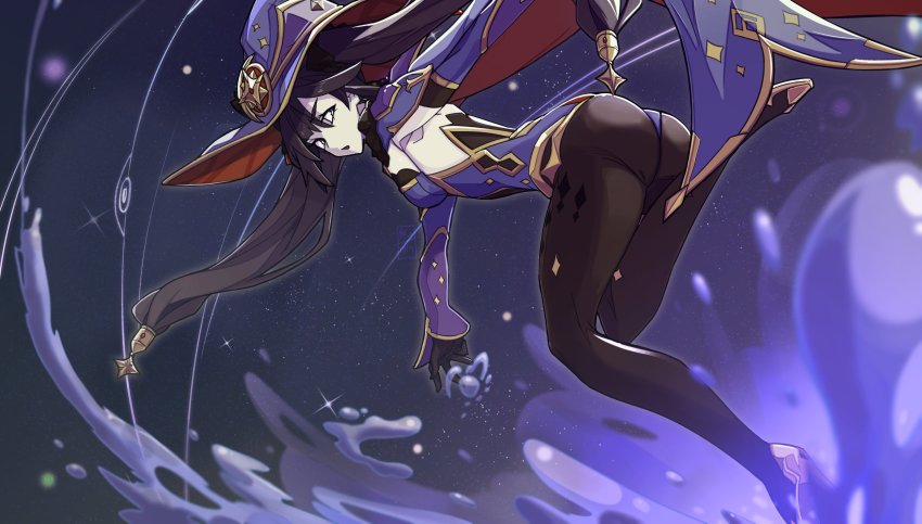 1girl ass black_hair bodystocking genshin_impact hat highres kamuify leotard mona_(genshin_impact) open_mouth pantyhose self-upload sparkle_print twintails water witch_hat