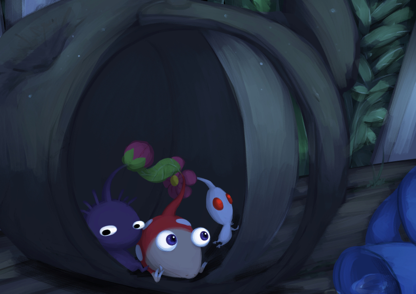 black_eyes blue_eyes bud bulbmin colored_skin commentary_request fang fang_out flower highres leaf nintendo no_humans no_mouth oversized_object pikmin_(creature) pikmin_(series) pink_flower plant polka_dot potted_plant purple_hair purple_pikmin purple_skin rain red_eyes short_hair solid_circle_eyes usuba_(hatomugip) very_short_hair white_pikmin white_skin