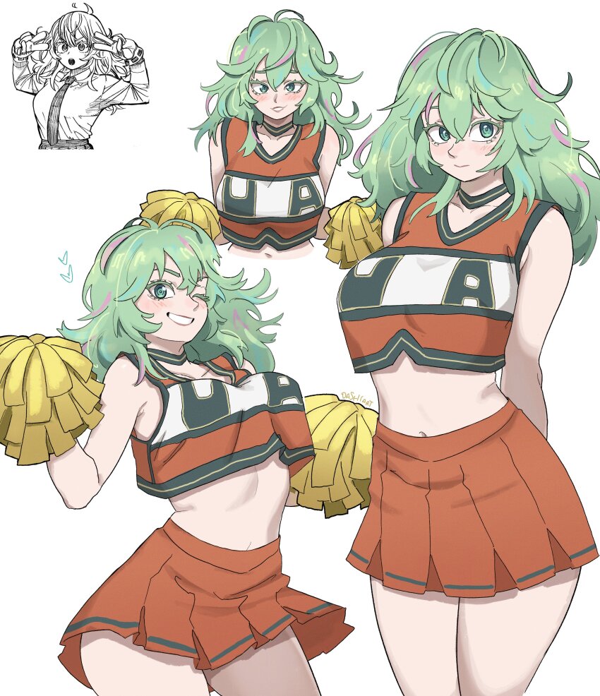 absurdres artist_name blush boku_no_hero_academia breasts cheerleader closed_mouth colored_eyelashes commentary crop_top dashi_(dashiart) english_commentary gloves green_eyes green_hair hagakure_toru high-waist_skirt highres holding holding_pom_poms large_breasts long_hair looking_at_viewer messy_hair midriff multiple_views navel orange_shirt orange_skirt parted_lips pom_pom_(cheerleading) pom_poms reference_inset shirt simple_background skirt sleeveless smile u.a._cheerleader_uniform white_background