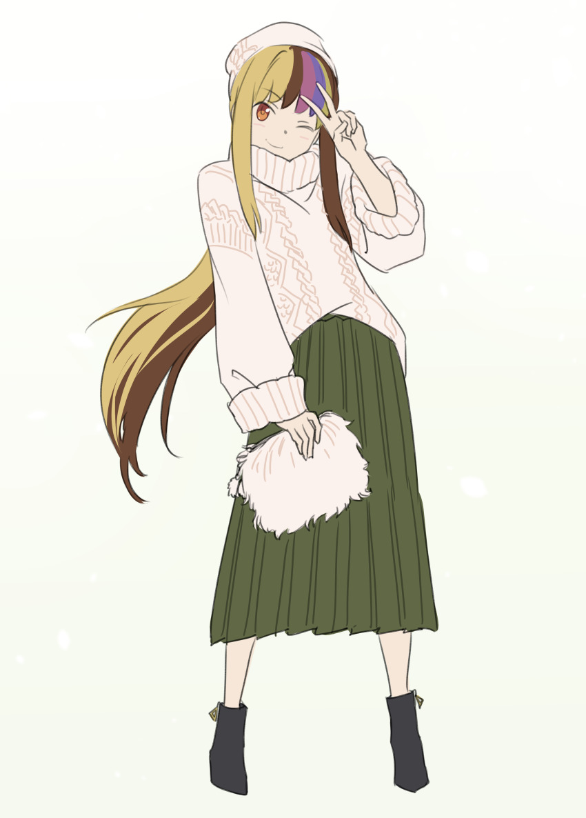 1girl absurdres bag black_footwear brown_eyes brown_hair commentary contrapposto full_body fur_trim galaco galaco_(neo) green_background green_skirt hand_up handbag hat highres holding holding_bag knit_hat knit_sweater long_hair long_skirt looking_at_viewer multicolored_hair one_eye_closed pleated_skirt skirt smile solo standing streaked_hair sweater tarokazu v very_long_hair vocaloid white_hat