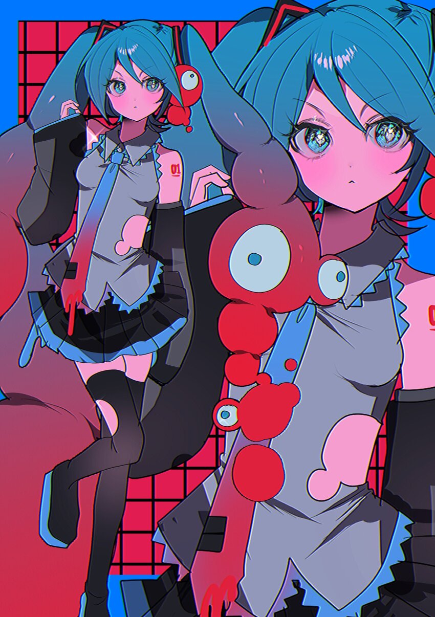 absurdres black_boots black_skirt black_thighhighs blue_eyes blue_hair blue_necktie boots clone collared_shirt expo2025 grey_jacket hair_between_eyes hatsune_miku highres jacket leg_up looking_at_viewer miniskirt momae_mac myaku-myaku necktie red_hair shirt skirt standing standing_on_one_leg thigh_boots thighhighs torn_clothes torn_thighhighs twintails vocaloid zoom_layer