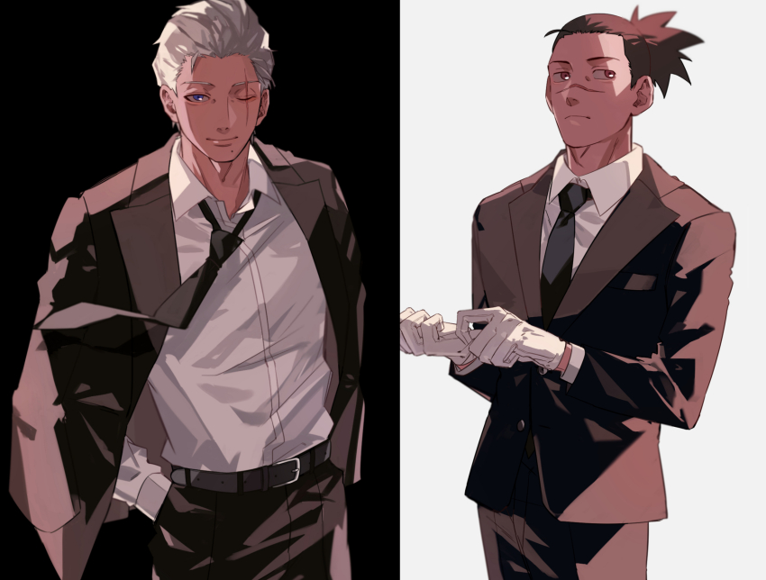 2boys belt belt_buckle black_background black_belt black_necktie blue_eyes brown_eyes brown_hair brown_jacket brown_pants buckle collared_shirt gloves hands_in_pockets hatake_kakashi highres jacket male_focus mirin_(coene65) mole mole_under_mouth multiple_boys naruto_(series) naruto_shippuuden necktie open_clothes open_jacket pants scar scar_across_eye scar_on_face scar_on_nose shirt simple_background standing two-tone_background umino_iruka upper_body white_background white_gloves white_hair white_shirt