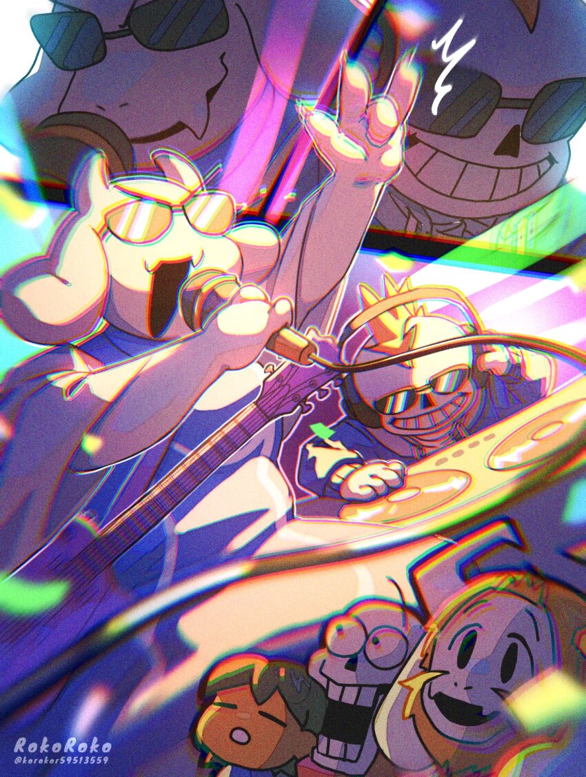 1boy 1girl 3boys artist_name asgore_dreemurr beard blonde_hair brown_hair dj facial_hair frisk_(undertale) grin headphones highres korokor59513559 mohawk multiple_boys music open_mouth papyrus_(undertale) purple_vest sans_(undertale) short_hair singing smile sunglasses teeth tiara toriel twitter_username undertale vest white_sleeves