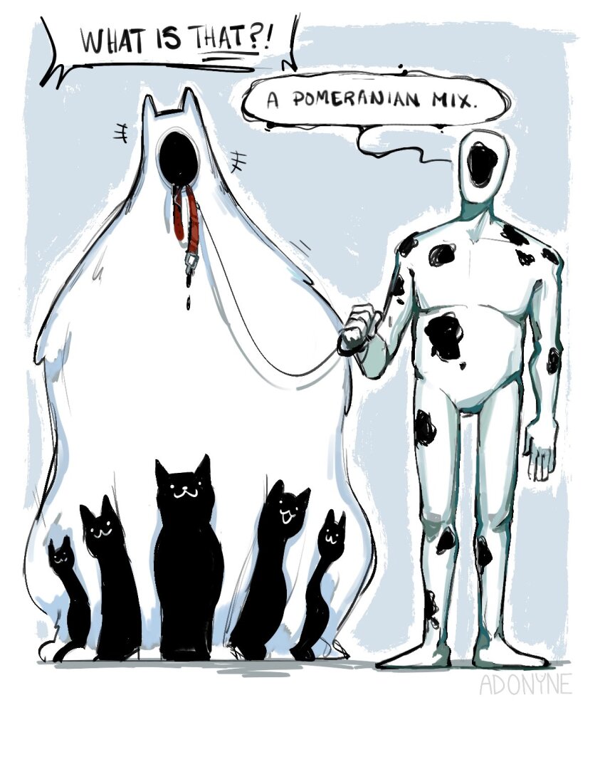 1boy 1other adonyne collar colored_skin crossover dog endogeny english_text faceless highres holding holding_leash hole_in_head leash look-alike marvel melting monster pet_walking red_collar spider-man:_across_the_spider-verse spider-man_(series) spider-verse spot_(marvel) trait_connection undertale white_skin