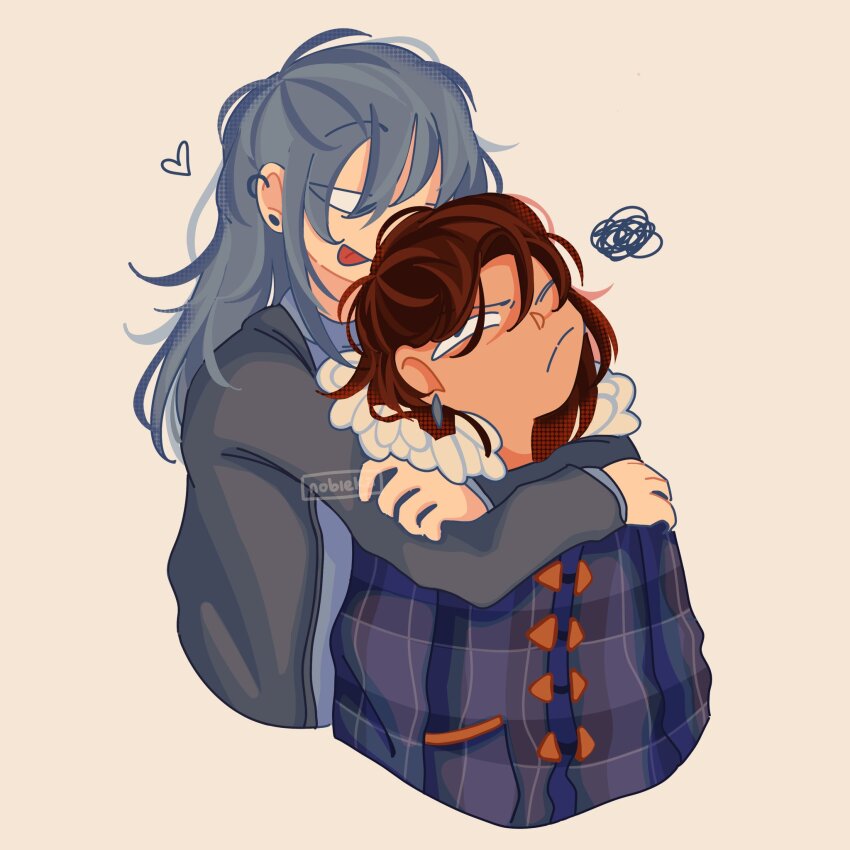 2girls ;( black_eyes blue_coat blue_hair blue_shirt coat commissioner_insert frustrated fur_collar heart highres hug hug_from_behind jacket long_hair looking_at_another looking_back main_character_(our_life) multiple_girls nobi33ka one_eye_covered our_life our_life:_now_and_forever plaid_clothes plaid_jacket qiu_lin_(our_life) shirt sidelocks tongue tongue_out upper_body yuri