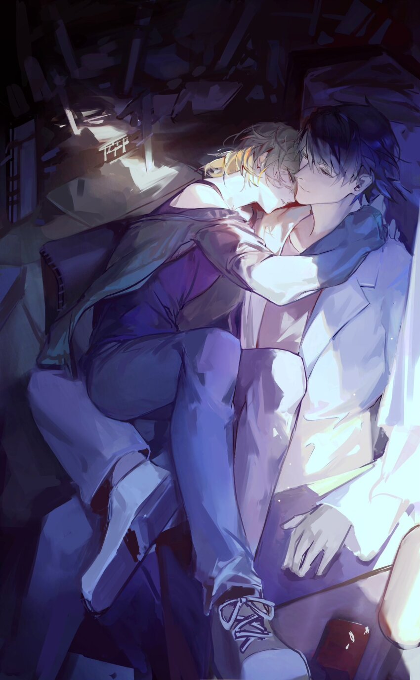 2boys 356migoro arms_around_neck bad_tag bare_shoulders black_hair black_shirt black_tank_top blonde_hair closed_eyes coat crack_of_light dark_room face_in_neck green_jacket helmet highres hug jacket looking_at_another madarame_kei male_focus multiple_boys shirt shoes sitting sitting_on_lap sitting_on_person sleepy slow_damage tank_top towa_(slow_damage) white_coat yaoi