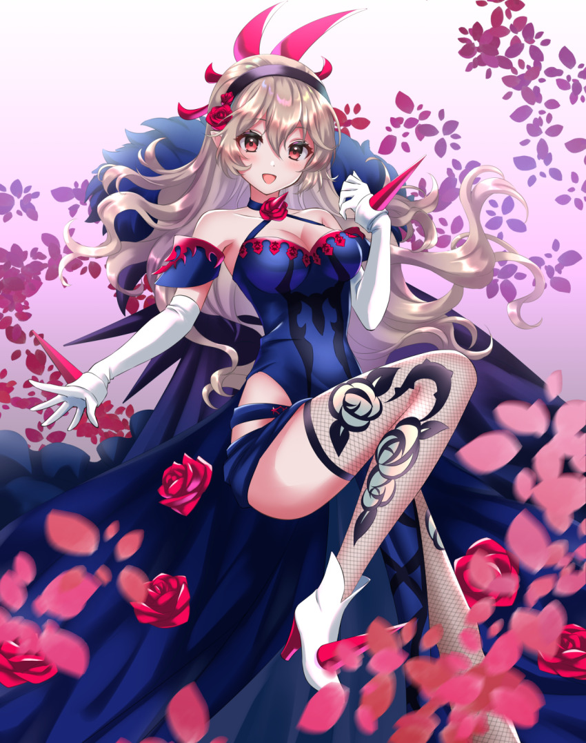 1girl :d bare_shoulders book breasts cape cleavage collar commission corrin_(female)_(fire_emblem) corrin_(fire_emblem) cosplay dress falling_petals fire_emblem fire_emblem_engage fire_emblem_fates fishnet_pantyhose fishnets floral_print flower fur_trim gradient_background grey_hair hairband high_heels highres ivy_(fire_emblem) ivy_(fire_emblem)_(cosplay) kakiko210 large_breasts leg_up long_hair mask nintendo open_mouth pantyhose petals pointy_ears red_eyes rose side_slit skeb_commission smile