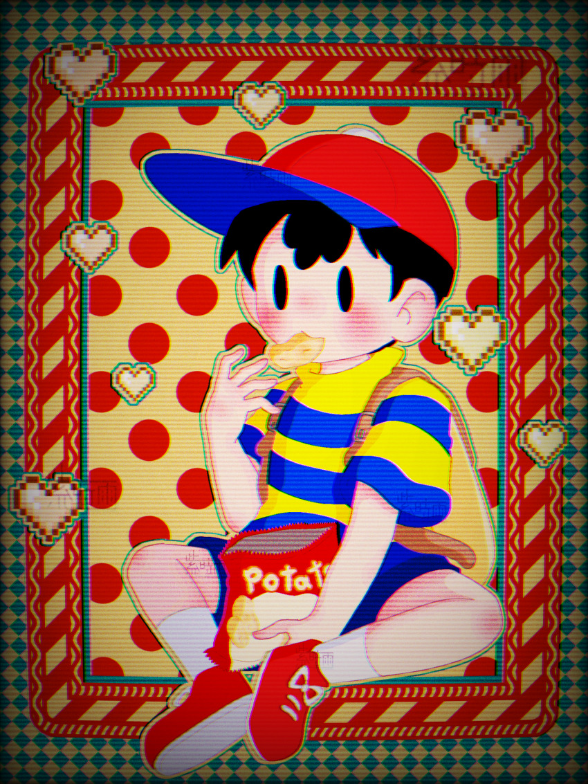 1boy bag black_hair blonde_hair blush child chips_(food) eating elementary_schoolboy food hat legs mother_(series) mother_2 mrsksigure ness_(mother_2) nintendo potato_chips shirt shoes shorts shota socks super_smash_bros.