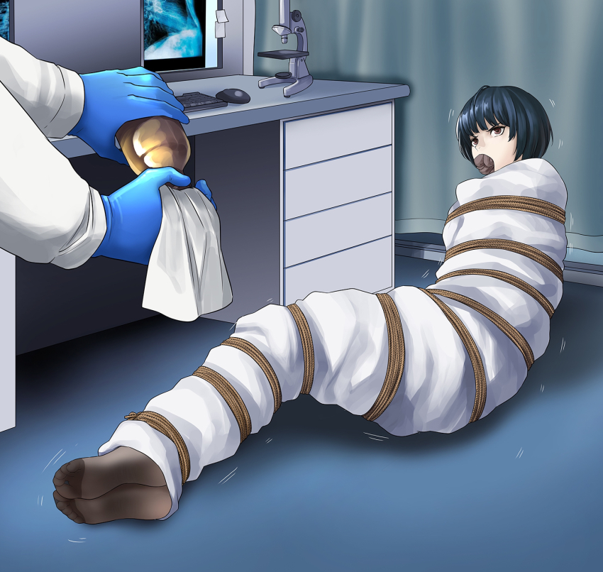 bdsm blue_hair bondage bound breasts brown_eyes gag gagged highres persona persona_5 struggling takemi_tae yanx5