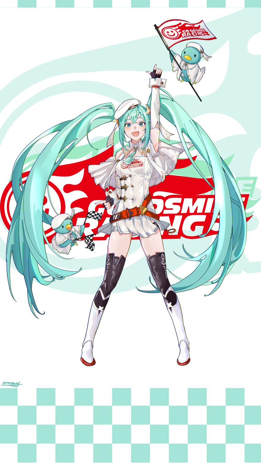 #money 1girl 2023 absurdres animal aqua_eyes aqua_hair artist_name belt beret bird black_thighhighs boots breasts capelet checkered_flag clothes_writing duck fingerless_gloves flag flame_print full_body gloves goodsmile_company goodsmile_racing hair_between_eyes hair_ornament hair_ribbon hand_up hat hatsune_miku highres holding holding_flag index_finger_raised knee_boots light_blush logo long_hair medium_breasts microskirt necktie official_alternate_costume open_mouth racing_miku racing_miku_(2023) ribbon skirt smiley_face star_(symbol) star_hair_ornament thighhighs thighs twintails very_long_hair vocaloid white_hat white_ribbon