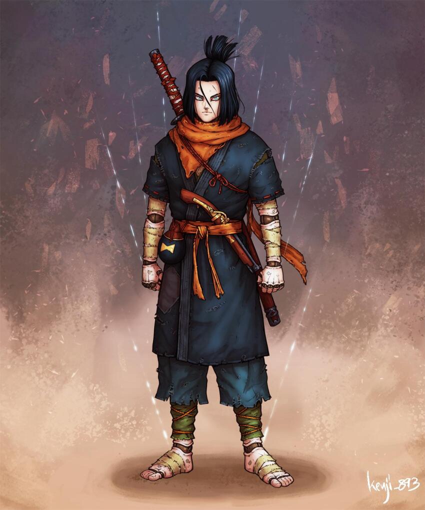 1boy alternate_costume android_17 antique_firearm artist_name bandaged_arm bandaged_foot bandages barefoot black_hair blue_eyes clenched_hand closed_mouth cracked_skin cyborg doll_joints dragon_ball dragonball_z facing_viewer firearm firelock full_body guillem_dauden gun hair_between_eyes highres japanese_clothes joints karakuri looking_at_viewer loose_hair_strand male_focus matchlock ninja orange_scarf parted_bangs puppet puppet_strings samurai sash scarf simple_background solo stitched_pants sword topknot torn_clothes weapon weapon_on_back