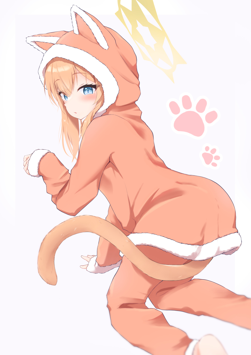 1girl absurdres alternate_costume animal_ear_hood blue_archive blue_eyes blush cat_tail fake_animal_ears hair_between_eyes halo highres hood hoodie karupa_(karupapon) long_sleeves looking_at_viewer mari_(blue_archive) orange_hair orange_hoodie orange_pants pants parted_lips paw_print simple_background solo tail white_background yellow_halo