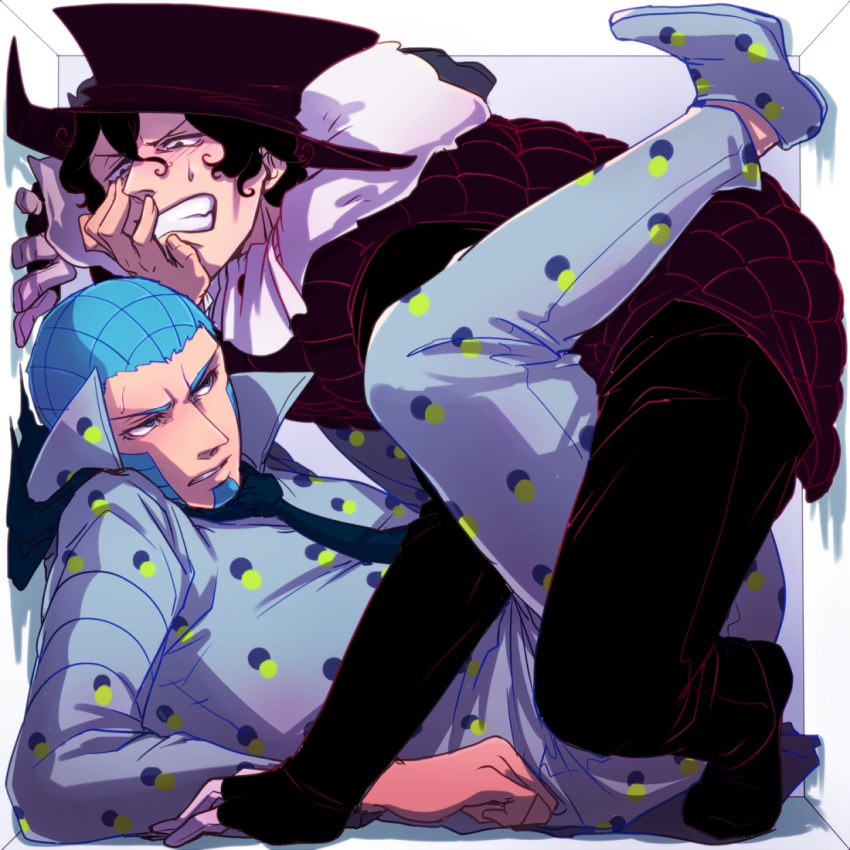 2boys bad_id bad_pixiv_id beard black_hair blue_hair box cafemoka-septro crowded facial_hair jojo_no_kimyou_na_bouken magenta_magenta male_focus multiple_boys steel_ball_run wekapipo