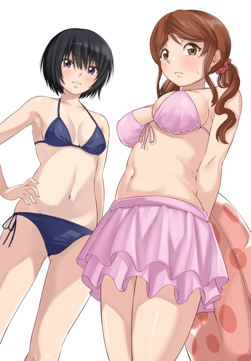 2girls absurdres amagami bikini bikini_skirt black_eyes black_hair blue_bikini blush breasts brown_eyes brown_hair feet_out_of_frame from_below front-tie_bikini_top front-tie_top gluteal_fold hand_on_own_hip highres innertube jishaku_(user_rcuz2843) large_breasts looking_at_viewer looking_down low_twintails lowleg lowleg_bikini medium_breasts multiple_girls nakata_sae nanasaki_ai navel pink_bikini short_hair side-tie_bikini_bottom simple_background string_bikini sweat swim_ring swimsuit twintails white_background