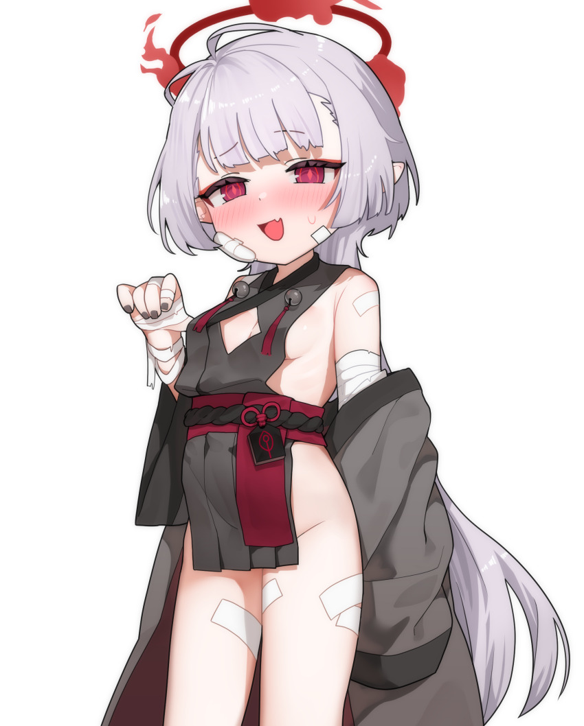 1girl absurdres bandaged_arm bandages black_nails blue_archive blush breasts cowboy_shot fang freehoney gauze gauze_on_cheek grey_hair halo highres loli long_hair looking_at_viewer mesugaki nail_polish open_mouth pelvic_curtain red_eyes red_halo shuro_(blue_archive) simple_background skin_fang small_breasts solo very_long_hair white_background