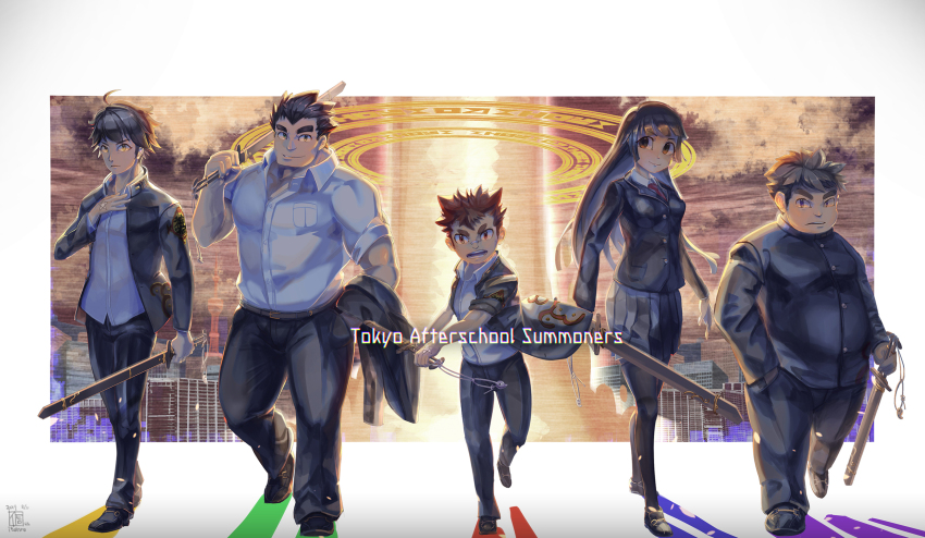 1girl 4boys bara fat fat_man fighting_stance gakuran highres holding holding_sword holding_weapon itohiro large_pectorals multiple_boys muscular muscular_male over_shoulder pants pectorals protagonist_1_(housamo) protagonist_2_(housamo) protagonist_3_(housamo) protagonist_4_(housamo) protagonist_5_(housamo) school_uniform short_hair smile sword sword_over_shoulder thick_eyebrows tokyo_houkago_summoners walking weapon weapon_over_shoulder