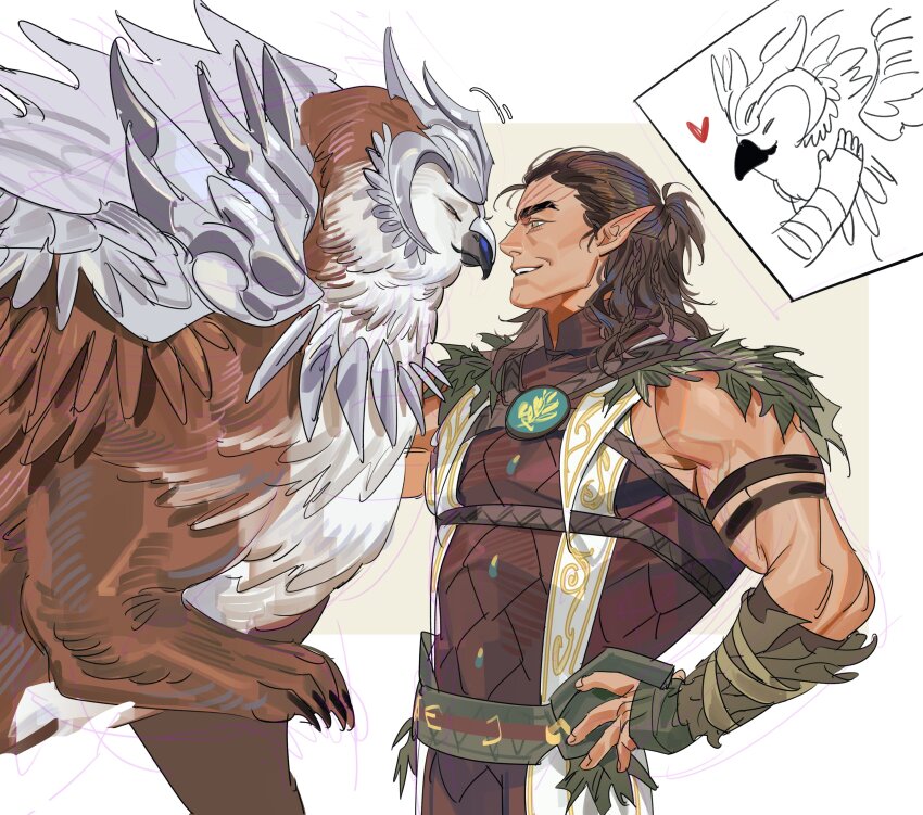 1boy absurdres baldur&#039;s_gate baldur&#039;s_gate_3 bara belt brown_eyes brown_hair dark-skinned_male dark_skin dungeons_&amp;_dragons dungeons_&amp;_dragons elf facial_tattoo fingerless_gloves gloves green_gloves greensalad350 halsin highres leaf looking_at_animal male_focus mature_male medium_hair muscular muscular_arms muscular_male owlbear patting pointy_ears simple_background smile tattoo teeth thick_eyebrows upper_teeth_only vambraces vest