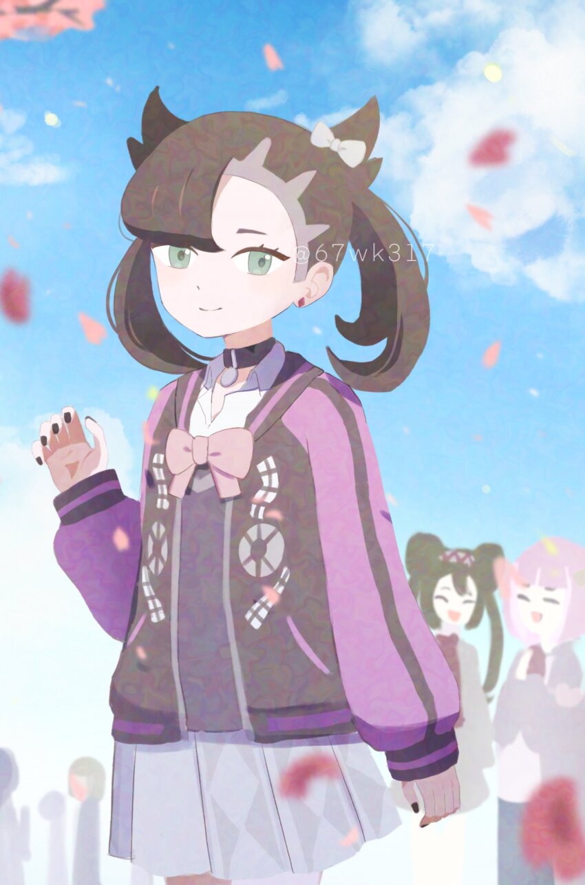 3girls 67wk317 asymmetrical_bangs black_choker black_hair black_nails blue_sky choker cloud double_bun green_eyes hair_bun highres jacket lacey_(pokemon) long_sleeves looking_at_viewer marnie_(academy)_(pokemon) marnie_(pokemon) multiple_girls nintendo official_alternate_costume open_clothes open_jacket petals pink_hair pleated_skirt pokemon pokemon_masters_ex pokemon_sv rosa_(academy)_(pokemon) rosa_(pokemon) school_uniform skirt sky smile twintails twitter_username