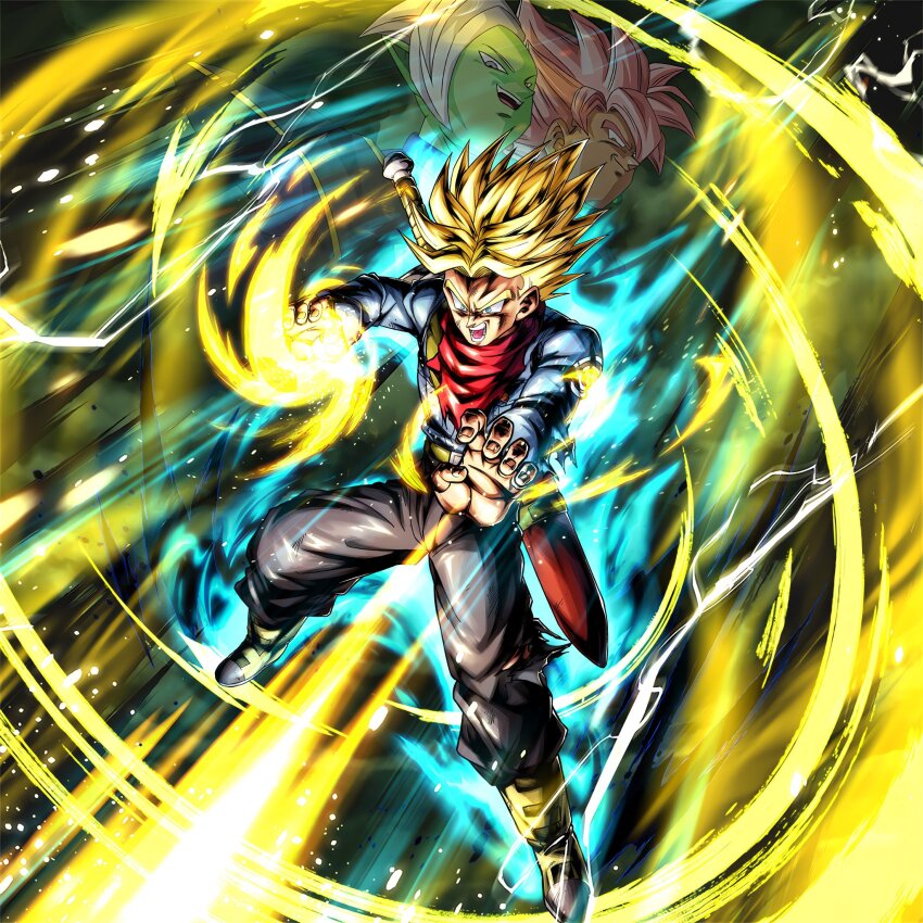 3boys aura blonde_hair dragon_ball dragon_ball_legends dragon_ball_super goku_black ki_blast multiple_boys official_art serious spiked_hair super_saiyan_rage sword trunks_(dragon_ball) trunks_(future)_(dragon_ball) weapon zamasu