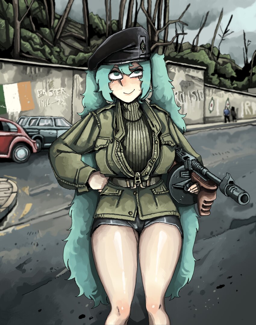 1girl absurdres aqua_eyes aqua_hair belt beret car drum_magazine graffiti green_jacket green_turtleneck gun hair_between_eyes hat hatsune_miku highres historical_connection holding holding_gun holding_weapon irish_flag irish_republican_army jacket liskim long_hair looking_at_viewer magazine_(weapon) motor_vehicle naughty_face road smile solo sweater thick_thighs thighs turtleneck turtleneck_sweater twintails very_long_hair vocaloid weapon