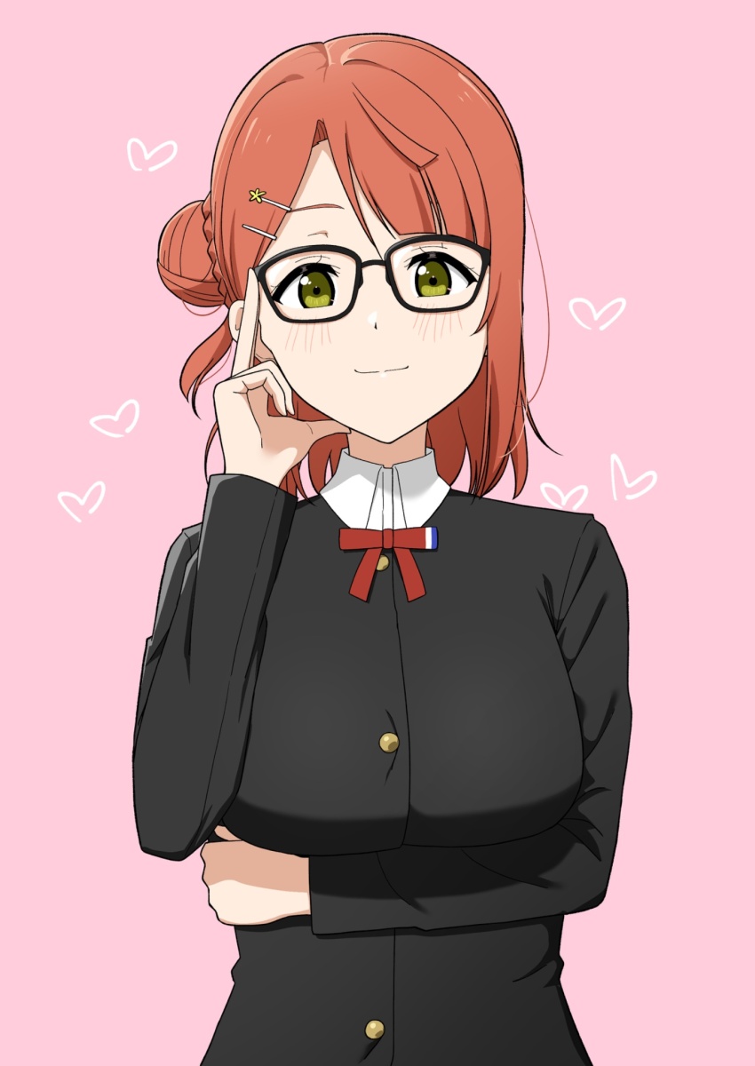 1girl arm_under_breasts black_jacket blunt_bangs blush breasts bun_with_braided_base closed_mouth collared_shirt commentary dress_shirt green_eyes hair_bun hair_ornament hairclip half_updo heart highres jacket large_breasts long_sleeves looking_at_viewer love_live! love_live!_nijigasaki_high_school_idol_club medium_hair neck_ribbon nijigasaki_school_uniform ohrinas orange_hair pink_background red_ribbon ribbon school_uniform shirt simple_background single_side_bun smile solo split_mouth swept_bangs uehara_ayumu upper_body white_shirt winter_uniform