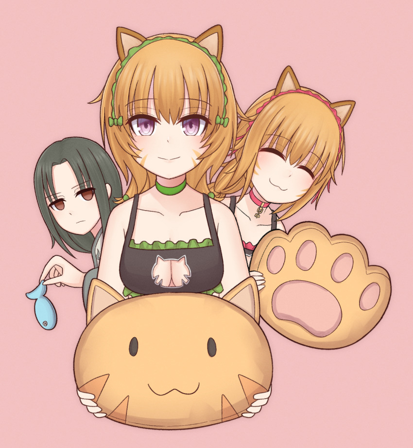 1girl 2girls :3 animal animal_ears animal_hands atorie black_hair bow breasts cat_ears cat_girl cat_lingerie cat_paws choker cleavage cleavage_cutout closed_eyes clothing_cutout collar commission commissioner_upload cushion empty_eyes facepaint facial_mark fire_emblem fire_emblem:_path_of_radiance fire_emblem:_radiant_dawn fish green_choker green_headband hair_bow hairband headband highres holding holding_animal holding_cushion holding_fish laguz_(fire_emblem) lethe_(fire_emblem) lyre_(fire_emblem) meme_attire multiple_girls nintendo orange_hair pink_background pink_collar pink_headband pixiv_commission purple_eyes red_eyes siblings sisters smile soren_(fire_emblem) twins whisker_markings