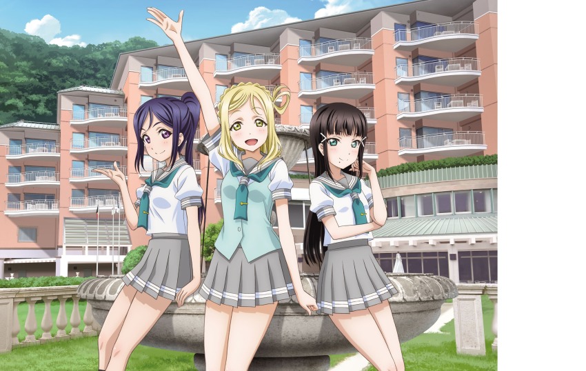 3girls :d aqua_eyes aqua_neckerchief arm_up artbook black_hair blonde_hair blunt_bangs blush braid building cloud crown_braid day grass green_neckerchief grey_skirt hair_ornament hair_rings hairclip high_ponytail highres house kurosawa_dia long_hair looking_at_viewer love_live! love_live!_sunshine!! matsuura_kanan mole mole_under_mouth multiple_girls neckerchief non-web_source official_art ohara_mari open_mouth outdoors pleated_skirt ponytail purple_eyes purple_hair school_uniform serafuku shirt short_sleeves sidelocks skirt sky smile standing summer_uniform tie_clip tree uranohoshi_school_uniform waving white_shirt yellow_eyes
