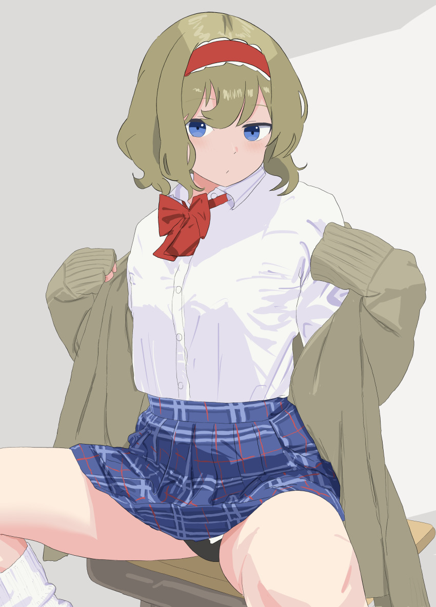 1girl absurdres alice_margatroid alternate_costume black_panties blonde_hair blue_eyes blue_skirt blush bow bowtie brown_cardigan cardigan commentary_request contemporary desk doubutsu_koujou feet_out_of_frame hairband highres looking_at_viewer loose_socks on_desk panties pantyshot plaid_clothes plaid_skirt pleated_skirt red_bow red_bowtie red_hairband school_desk school_uniform shirt shirt_tucked_in sitting skirt sleeves_past_wrists socks solo touhou underwear white_shirt white_socks