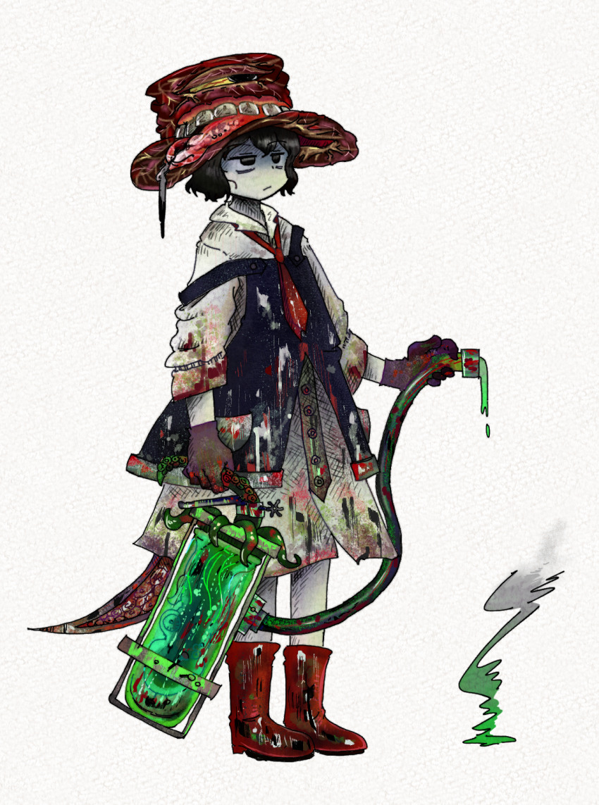 1other acid black_coat black_eyes black_gloves black_hair blood blood_on_clothes boots chikafumikou closed_mouth coat coattails collared_shirt commentary_request enraku_tsubakura expressionless eye_of_senri full_body gloom_(expression) gloves hat highres holding horror_(theme) len&#039;en light_frown living_clothes looking_ahead medium_skirt necktie object_request pale_skin red_boots red_necktie rubber_boots shirt short_hair short_hair_with_long_locks simple_background skirt sleeveless sleeveless_coat smoke solo standing strap_slip tentacles top_hat torn_clothes torn_skirt white_background white_shirt white_skirt