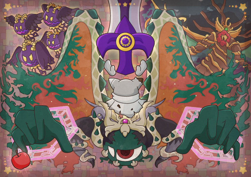 apple crown doomer_(kirby) dual_persona food fruit gear_print gloves grey_gloves highres huge_weapon kirby kirby&#039;s_return_to_dream_land_deluxe kirby_(series) magolor magolor_epilogue magolor_soul master_crown master_crown_(tree) nintendo no_humans one-eyed rampaging_doomers rayman_limbs spoilers star_(symbol) sword_kirby torn_clothes towara6316 tree ultra_sword_kirby weapon wings