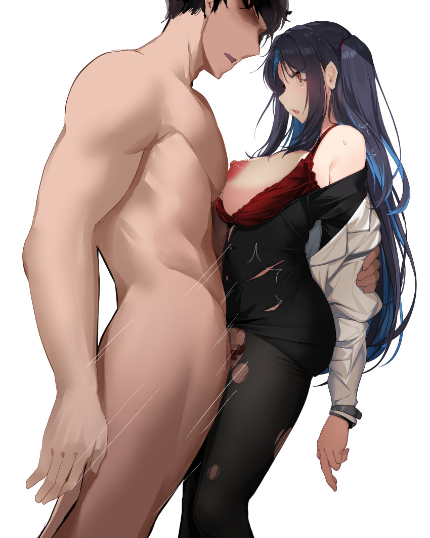 1boy 1girl absurdres black_dress black_hair black_pantyhose blue_hair bra breasts breasts_out censored clothed_female_nude_male collared_shirt colored_inner_hair commentary_request commission dress fucked_silly grabbing_another&#039;s_arm highres large_breasts long_hair motion_lines multicolored_hair nipples no_eyes nude off_shoulder one_side_up open_bra open_clothes open_dress original pantyhose red_bra red_eyes sex shirt shirt_partially_removed short_hair simple_background skeb_commission standing standing_missionary standing_sex streaked_hair sweat torn_clothes torn_pantyhose underwear variant_set very_long_hair white_background white_shirt yanagui_yugi