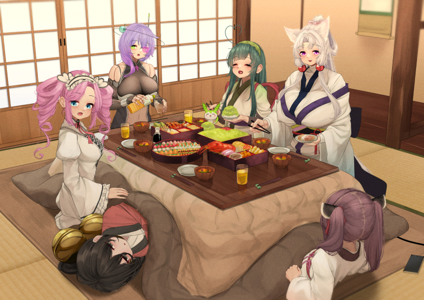 6+girls :3 ahoge android animal_ears arm_support bell bento black_eyes black_gloves black_hair blurry bottle breasts brown_hair chopsticks chuugoku_usagi cleavage closed_eyes commentary_request creature curtained_hair depth_of_field dress drill_hair elbow_gloves floating_headgear fox_ears frilled_hairband frills gloves green_eyes green_hair green_hairband hair_bell hair_between_eyes hair_ornament hair_over_shoulder hairband half_updo hanging_scroll hanten_(clothes) headgear heart heart_ahoge heart_in_mouth highres holding holding_bottle holding_chopsticks huge_breasts indoors japanese_clothes jingle_bell joints juliet_sleeves kimono kotatsu kyuushuu_sora large_breasts lobster long_hair long_sleeves looking_at_another lying meal multiple_girls ne_an_ito neck_ribbon obi on_side parted_hair pink_eyes pink_hair pouring puffy_sleeves purple_hair reclining red_ribbon ribbon robot_joints sash scouter scroll seams shikoku_metan shirt shouji sidelocks sleeveless sleeveless_shirt sliding_doors slit_pupils smile soy_sauce_bottle table tasuki tatami touhoku_itako touhoku_kiritan touhoku_zunko twin_drills twintails under_kotatsu under_table undershirt utau voiceroid voicevox white_dress white_hair white_hairband white_kimono white_shirt wide_sleeves zunda_mochi zundamon zundamon_(utau)