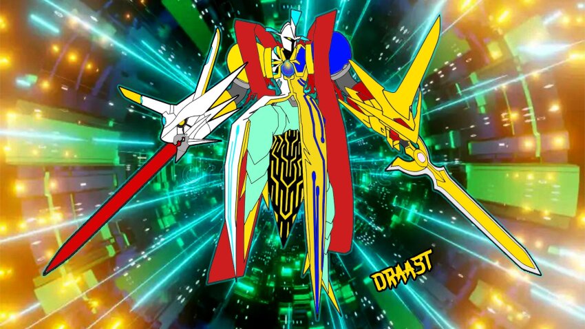 chaosmon corruption digimon digimon_(creature) durandamon fusion highres jesmon oridigi original solo sword weapon