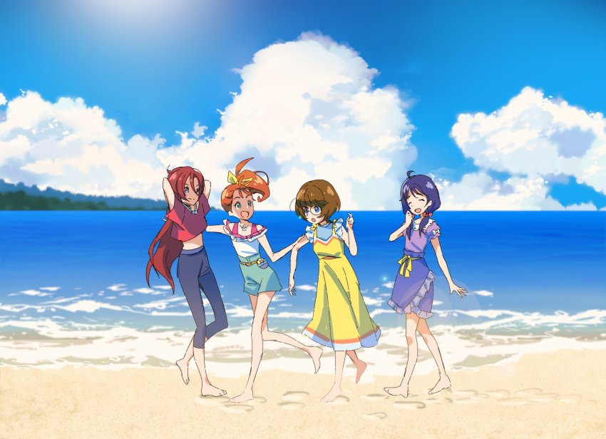 4girls :o ^_^ ^o^ absurdres ahoge aqua_shorts arm_grab arms_behind_back bad_id bad_twitter_id barefoot beach black_choker blouse blue_eyes blue_hair blue_skirt bob_cut bow brown_hair capri_pants choker closed_eyes cloud cloudy_sky crop_top day dress footprints glasses green_eyes hair_bow happy highres ichinose_minori jewelry laughing long_hair looking_at_another low_twintails midriff multiple_girls natsuumi_manatsu necklace ocean off_shoulder orange_hair outdoors pants pouch precure purple_eyes purple_shirt red_bow red_hair ring round_eyewear sand scenery shell shell_necklace shirt short_hair shorts side_ponytail sketch skirt sky smile stomach suzumura_sango takizawa_asuka tomatomagica tropical-rouge!_precure twintails walking_backwards white_shirt yellow_bow yellow_dress