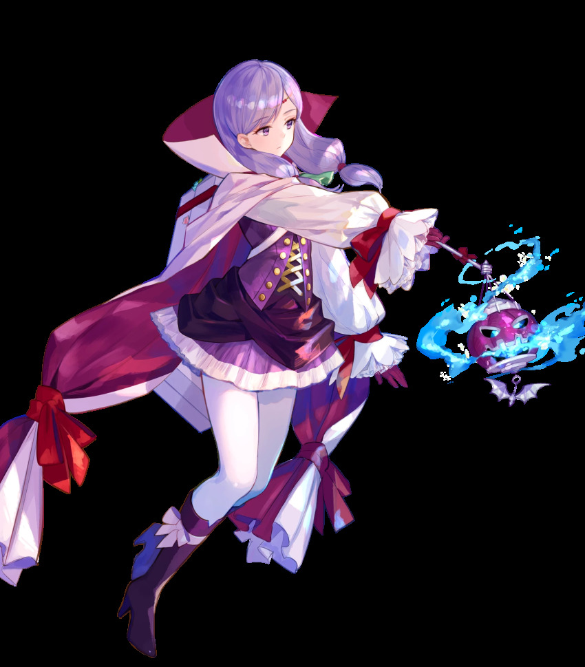 1girl alternate_costume boots bow breasts buttons candy cape circlet closed_mouth detached_sleeves dress female_focus fire_emblem fire_emblem:_path_of_radiance fire_emblem:_radiant_dawn fire_emblem_heroes food full_body fuzichoco gloves hair_ornament halloween_costume highres holding ilyana_(fire_emblem) ilyana_(halloween)_(fire_emblem) jewelry knee_boots long_hair long_sleeves looking_away medium_breasts nintendo official_art pantyhose purple_boots purple_eyes purple_gloves purple_hair short_dress skirt solo transparent_background white_pantyhose