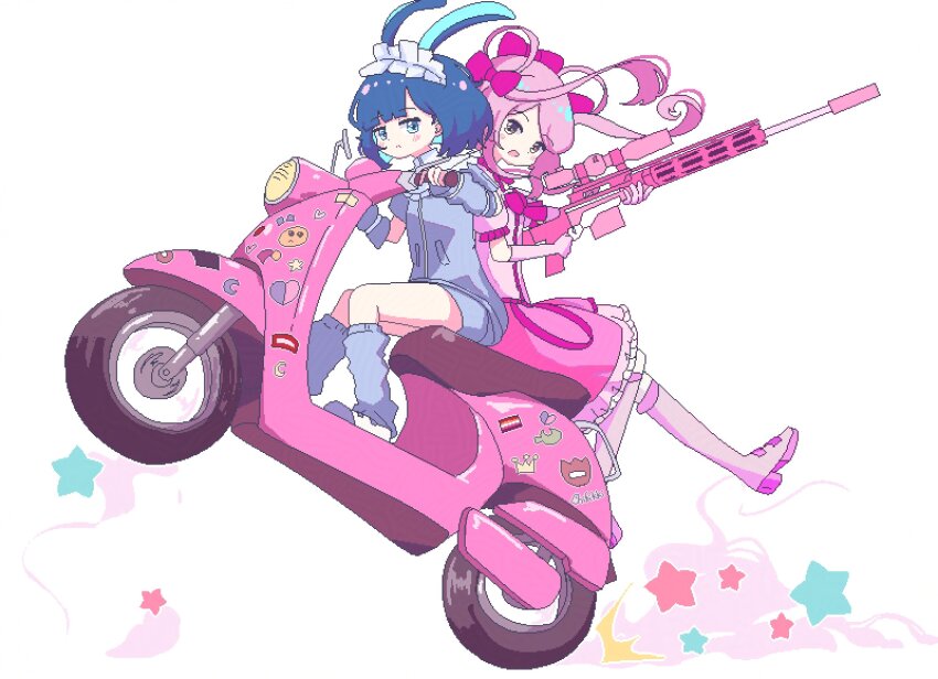 2girls :&lt; :d animal_ears aqua_hair artist_name back-to-back blue_gloves blue_hair blue_jacket blue_shorts blue_socks blunt_bangs blush blush_stickers bob_cut boots bow brown_eyes chibikki closed_mouth colored_inner_hair colored_smoke commentary dress driving elbow_gloves expressionless fingerless_gloves floating_hair flower foot_up frilled_dress frilled_hairband frills from_side gloves gun hair_bow hairband highres holding holding_gun holding_weapon jacket jitome knee_boots leaning_back leaning_forward lesbian_flag long_hair looking_at_viewer looking_to_the_side loose_socks magical_girl maid_headdress motor_vehicle multicolored_hair multiple_girls nanako_(chibikki) on_scooter open_mouth optical_sight original pink_boots pink_bow pink_dress pink_gloves pink_hair pink_weapon pixel_art puffy_short_sleeves puffy_sleeves rabbit_ears rabbit_girl riding rifle saki_(chibikki) scooter scope short_sleeves shorts simple_background sitting sitting_backwards smile smoke sniper_rifle socks star_(symbol) sticker suppressor swept_bangs symbol-only_commentary tulip twintails vehicle_request weapon weapon_request wheelie white_background white_footwear white_hairband