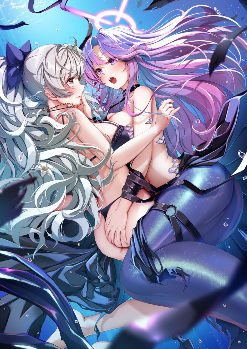 2girls air_bubble ass azur_lane bare_shoulders barefoot bikini black_collar blush bow breasts bubble cleavage collar collarbone commentary_request commission ganj-i-sawai_(azur_lane) ganj-i-sawai_(mermaid_in_distress)_(azur_lane) grabbing_another&#039;s_ass grey_eyes grey_hair groping hair_bow hair_flaps halo highres imo_bouya jewelry large_breasts leash long_hair looking_at_another mermaid monster_girl monsterification multicolored_hair multiple_girls navel necklace o-ring o-ring_strap o-ring_thigh_strap official_alternate_costume open_mouth parted_bangs parted_lips pink_hair pixiv_commission purple_bikini purple_bow purple_eyes purple_hair scales sidelocks stomach swimsuit thigh_strap underwater very_long_hair vittorio_veneto_(azur_lane) vittorio_veneto_(the_flower_of_la_spezia)_(azur_lane) yuri