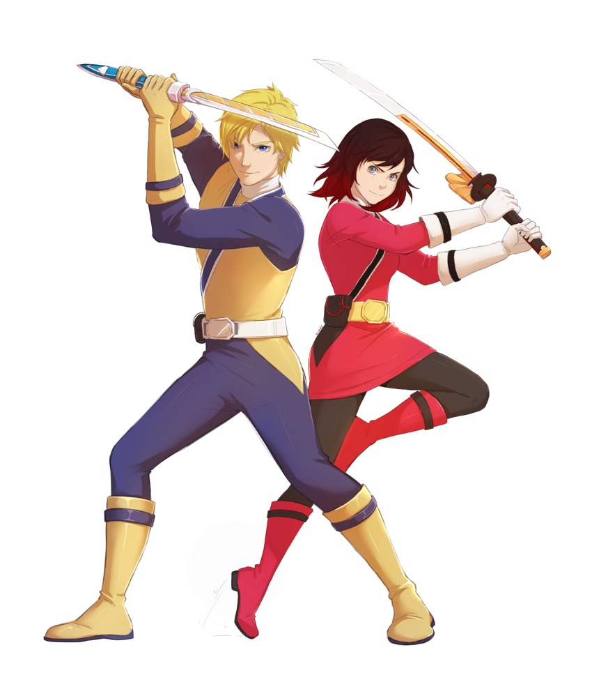1boy 1girl blonde_hair blue_eyes boots gloves highres jaune_arc katana nymre red_hair ruby_rose rwby samurai_sentai_shinkenger shinken_gold shinken_red grey_eyes super_sentai sword weapon