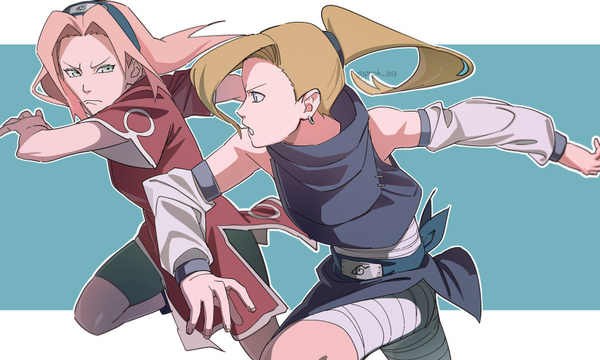 absurdres bandaged_torso bike_shorts black_shorts blonde_hair blue_eyes closed_mouth detached_sleeves dress earrings green_eyes haruno_sakura highres jewelry konohagakure_symbol long_hair looking_at_another looking_at_viewer naruto_(classic) naruto_(series) outline pink_hair pnpk_1013 red_dress shorts simple_background twitter_username white_outline yamanaka_ino