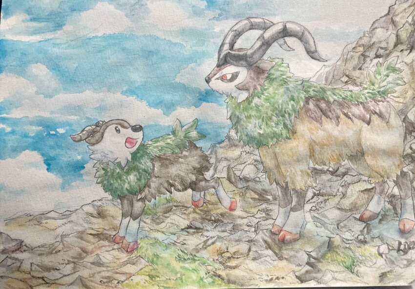 animal_focus cliff cloud cloudy_sky commentary_request gen_6_pokemon goat gogoat grass highres kirokaroillust nintendo no_humans painting_(medium) pokemon pokemon_(creature) skiddo sky traditional_media watercolor_(medium)