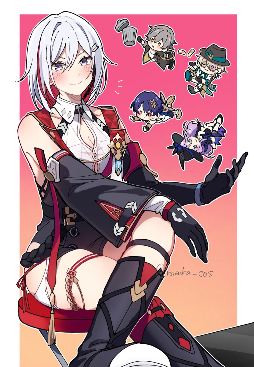 2girls 3girls aventurine_(honkai:_star_rail) black_gloves border breasts caelus_(honkai:_star_rail) cleavage colored_inner_hair dr._ratio_(honkai:_star_rail) gloves gradient_background grey_hair highres honkai:_star_rail honkai_(series) jade_(honkai:_star_rail) macha_cos multicolored_hair multiple_girls red_hair streaked_hair topaz_(honkai:_star_rail) trailblazer_(honkai:_star_rail) white_border