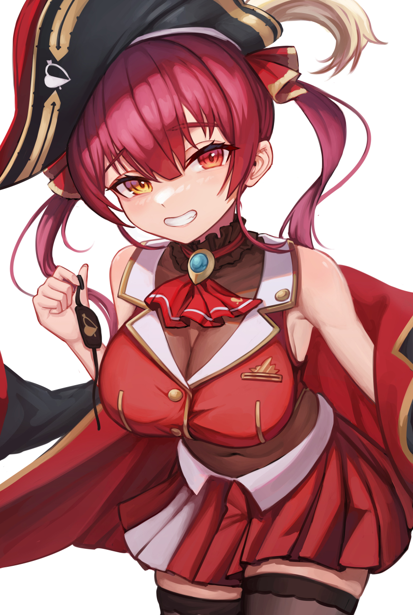 1girl absurdres ahaha_kun ascot bicorne black_coat black_hat black_thighhighs blush breasts brooch buttons cleavage coat commentary covered_navel cropped_jacket eyepatch frilled_shirt_collar frills gold_trim grin hair_ribbon hat heterochromia highres holding_eyepatch hololive houshou_marine houshou_marine_(1st_costume) jacket jewelry lapel_pin lapels large_breasts leaning_forward leotard leotard_under_clothes long_hair looking_at_viewer miniskirt no_eyepatch notched_lapels off_shoulder pirate_hat pleated_skirt red_ascot red_eyes red_hair red_jacket red_ribbon red_skirt ribbon see-through_clothes see-through_cleavage see-through_leotard see-through_midriff simple_background skirt sleeveless sleeveless_jacket smile solo thighhighs twintails unworn_eyepatch virtual_youtuber white_background yellow_eyes zettai_ryouiki