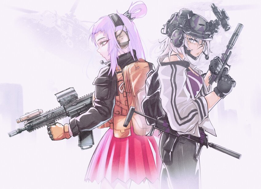 2girls absurdres aircraft assault_rifle back-to-back backpack bag black_bag black_gloves black_jacket black_pants body_armor borrowed_character breasts camouflage camouflage_headwear camouflage_helmet chest_rig chin_strap closed_mouth cocking_gun combat_helmet commentary commission cowboy_shot crossover ear_ornament ear_protection english_commentary facepaint facial_mark flashlight folded_ponytail from_side gloves green_eyes gun gun_sling h&amp;k_hk416 h&amp;k_mp7 hair_rings handgun headset heckler_&amp;_koch helicopter helmet highres holding holding_gun holding_weapon jacket laser_sight load_bearing_vest long_hair long_sleeves looking_at_viewer magazine_(weapon) medium_breasts microphone military_operator multiple_girls night_vision_device optical_sight orange_gloves original pants peq pleated_skirt pouch profile purple_hair purple_sports_bra rafik red_skirt rifle sakita_(vectranut23) short_hair sidelocks single_bare_shoulder single_hair_ring single_off_shoulder skirt sports_bra standing star_(starnight17) submachine_gun suppressor tactical_clothes vertical_foregrip weapon weapon_request white_eyes white_hair white_jacket