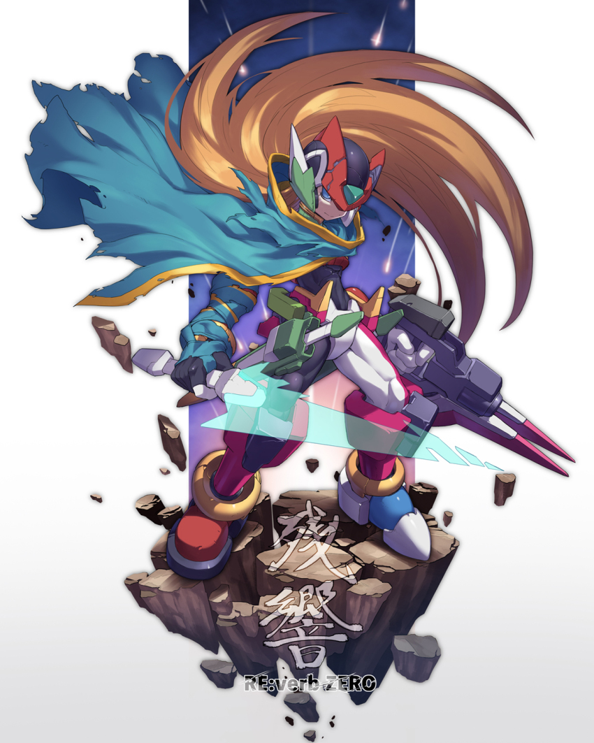 1boy adapted_costume alternate_color armor blonde_hair blue_eyes boots cloak commentary_request energy_sword fairy_leviathan_(mega_man) fighting_fefnir_(mega_man) forehead_jewel fusion hidden_phantom_(mega_man) highres holding holding_cannon holding_sword holding_weapon long_hair mega_man_(series) mega_man_zero_(series) multiple_swords red_boots red_headwear sage_harpuia_(mega_man) solo sword tonami_kanji translation_request weapon z_saber zero(z)_(mega_man) zero_(mega_man)