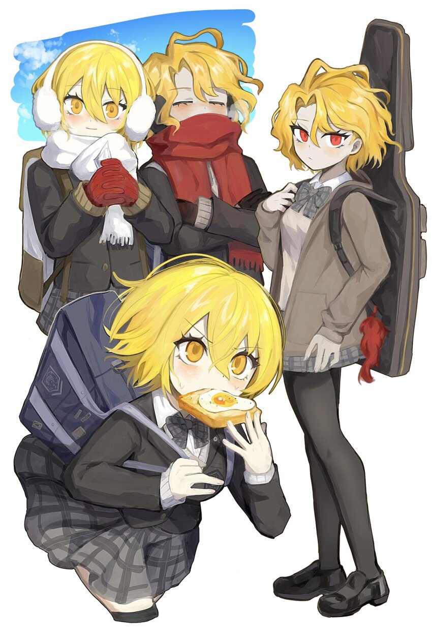 4girls alternate_costume bag black_coat black_shoes black_thighhighs blazer blonde_hair bob_cut bow bowtie bread bread_slice cardigan checkered_clothes checkered_skirt closed_eyes closed_mouth coat collared_shirt commentary crossed_arms don_quixote_(project_moon) earmuffs eating egg_(food) eyelashes food food_in_mouth fried_egg fried_egg_on_toast grey_cardigan guitar_case hair_between_eyes highres instrument_case jacket light_blush light_smile limbus_company loafers looking_at_viewer mittens mouth_hold multiple_girls orange_eyes own_hands_together project_moon red_eyes red_mittens red_scarf ro/ku running sancho_(project_moon) scarf school_bag school_uniform shirt shoes short_hair simple_background skirt sky sweatdrop thighhighs toast toast_in_mouth wavy_hair white_background white_scarf white_shirt