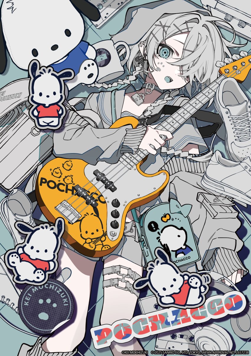 1girl absurdres artist_name backpack bag choker cup grey_choker grey_hair guitar hair_ornament hair_over_one_eye hairpin headphones highres instrument looking_at_viewer mochizuki_kei open_mouth pochacco randoseru sanrio solo teacup thigh_strap thighs x_hair_ornament