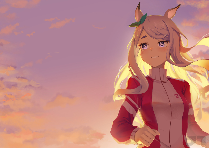 1girl absurdres animal_ears artist_logo blush bow breasts clenched_hand cloud ear_bow high_collar highres horse_ears jacket jtleeklm logo long_hair long_sleeves looking_to_the_side mejiro_mcqueen_(umamusume) open_mouth outdoors purple_eyes purple_hair red_jacket small_breasts smile solo sunset track_jacket umamusume upper_body watermark