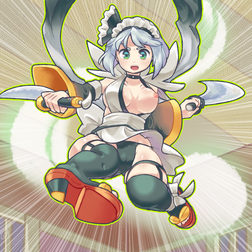 1girl armpits arms_up black_panties black_thighhighs breasts cameltoe choker cleavage commission commissioner_upload cosplay detached_sleeves green_eyes grey_hair highres holding holding_sword holding_weapon iroha_(samurai_spirits)_(cosplay) jumping kicking konpaku_youmu konpaku_youmu_(ghost) maid maid_headdress maid_leotard medium_breasts multiple_swords one_breast_out open_mouth panties pmx samurai_spirits short_hair skeb_commission solo standing sword thighhighs touhou unconventional_maid underwear wardrobe_malfunction weapon