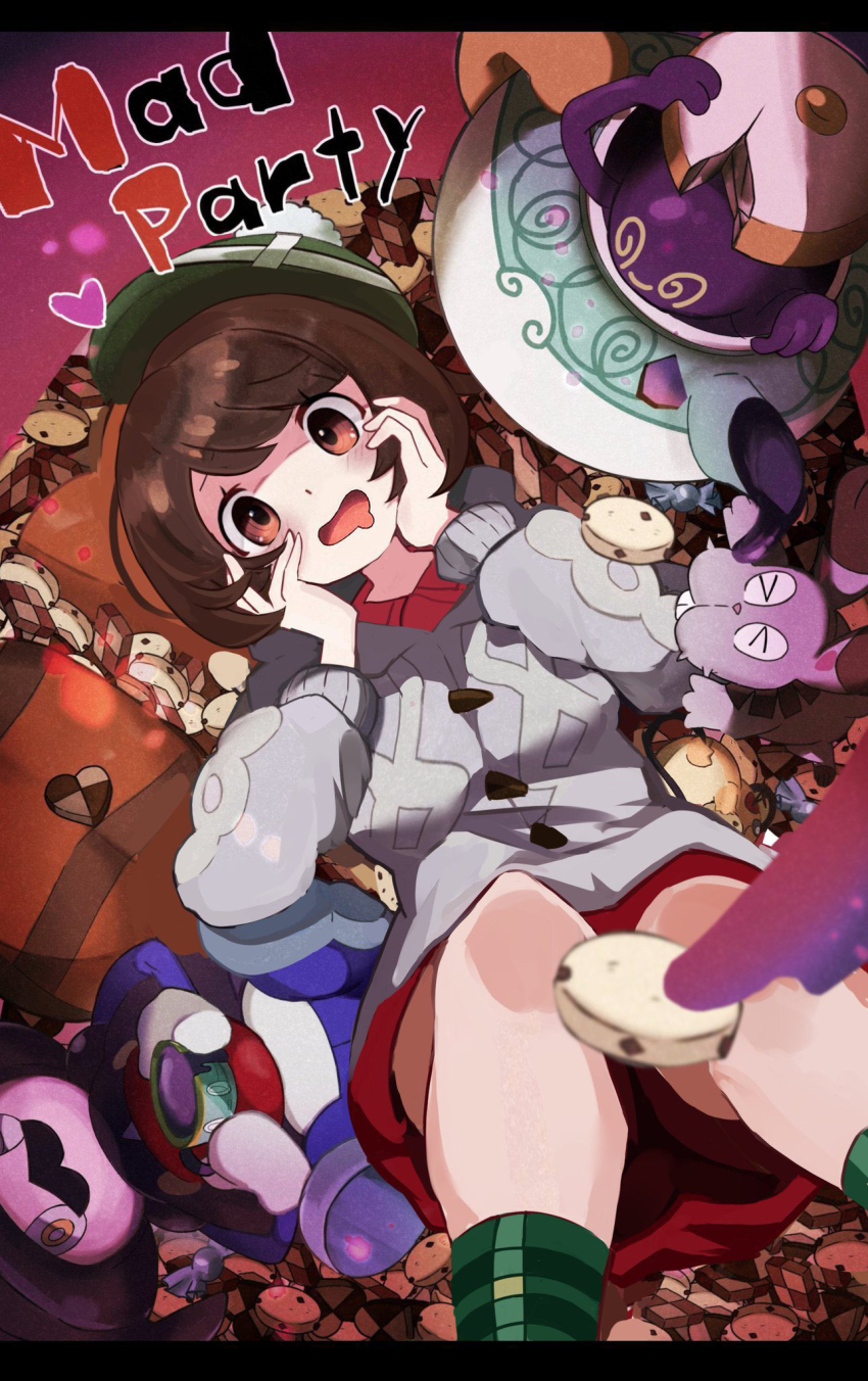 &gt;_&lt; 1girl blurry blush brown_eyes brown_hair bunnelby cardigan collared_dress commentary convenient_censoring cookie dress drooling english_text food gen_6_pokemon gen_8_pokemon gloria_(pokemon) green_headwear green_socks grey_cardigan hands_up heart highres looking_at_viewer mouth_drool mr._rime nintendo open_mouth pokemon pokemon_(creature) pokemon_swsh polteageist revision short_hair socks umiru